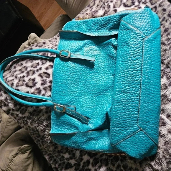 Gorgeous Turquoise Moto Genuine Leather Made in Italy Tote Bag - Picture 6 of 16